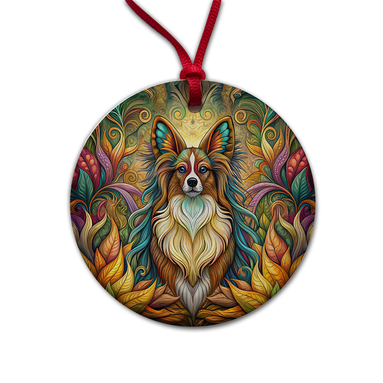 Papillion Dog Art Nouveau Round Ceramic Holiday Christmas Tree Ornament