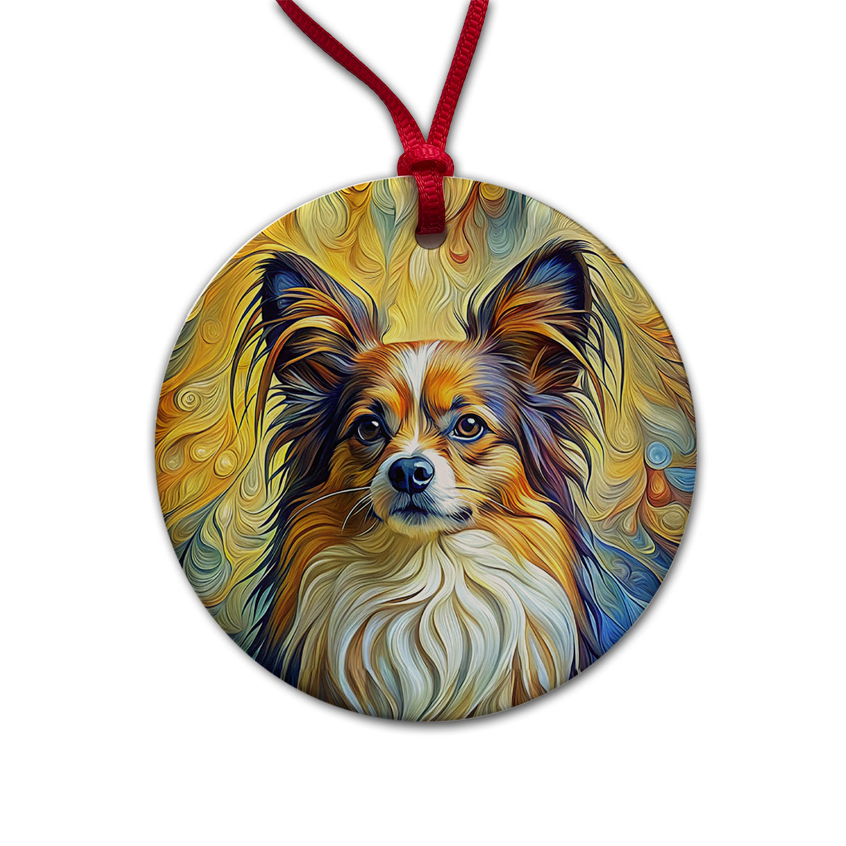 Papillion Dog Expressionism Art Round Ceramic Holiday Christmas Tree Ornament