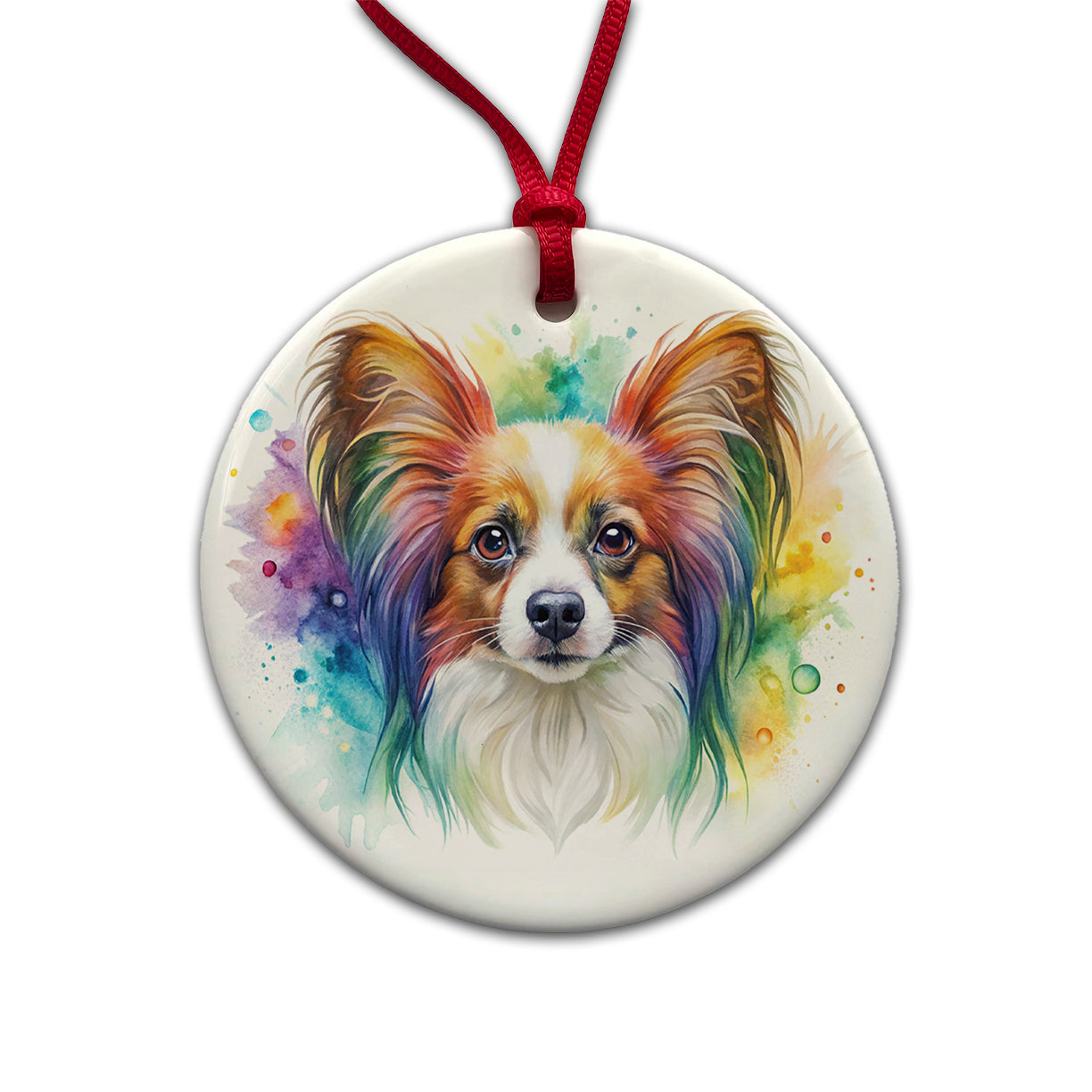 Papillion Dog Watercolor Style Round Ceramic Holiday Christmas Tree Ornament
