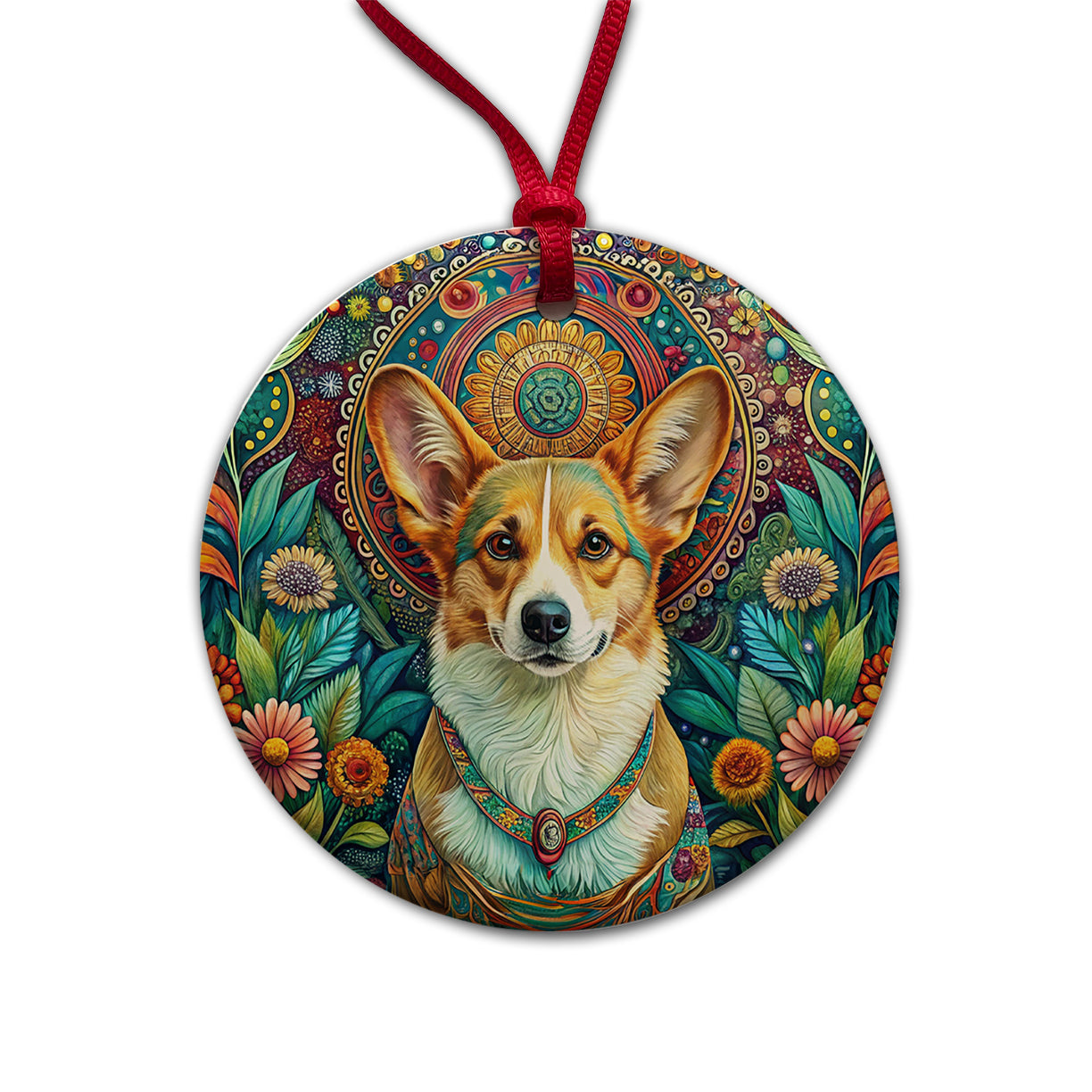 Pembroke Welsh Corgi Dog Bohemian Art Round Ceramic Holiday Christmas Tree Ornament