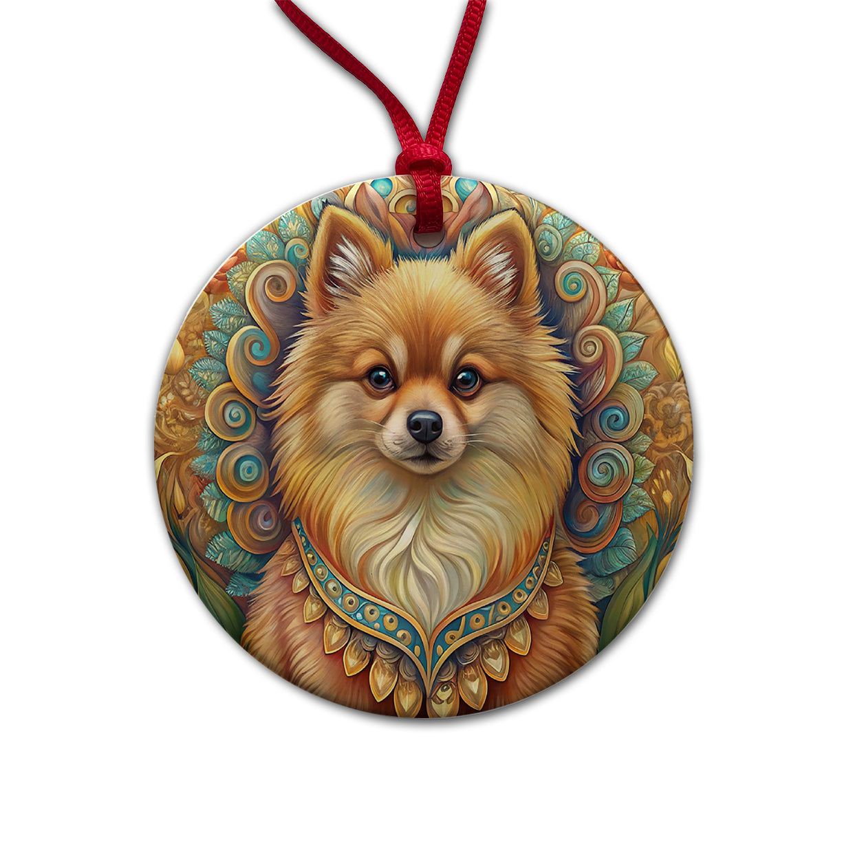 Pomeranian Dog Art Nouveau Round Ceramic Holiday Christmas Tree Ornament