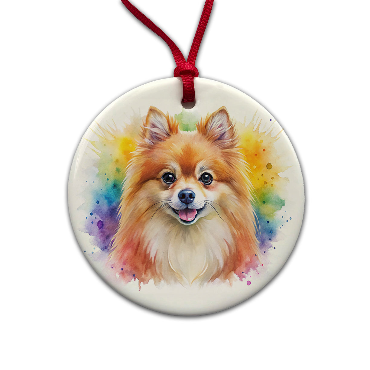 Pomeranian Dog Watercolor Style Round Ceramic Holiday Christmas Tree Ornament