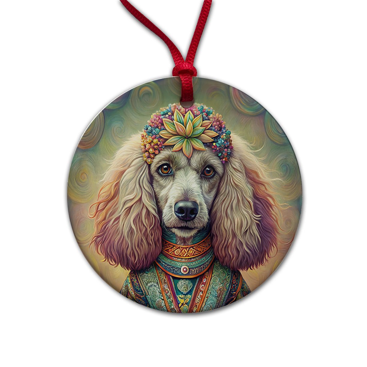 Poodle Dog Bohemian Art Round Ceramic Holiday Christmas Tree Ornament