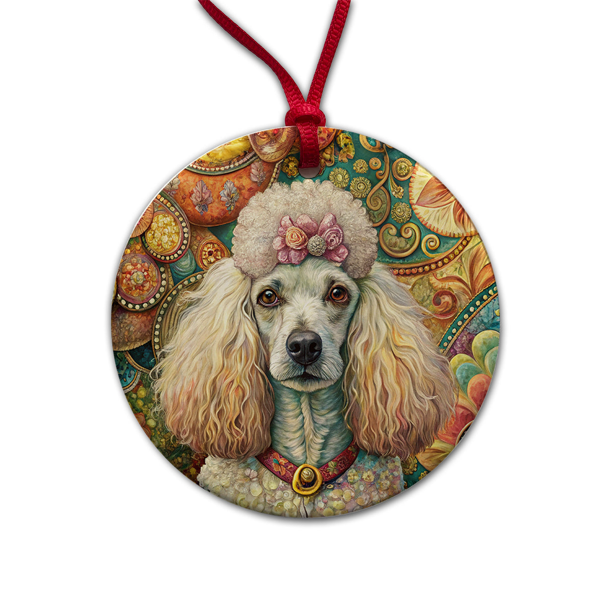Poodle Dog French Bohemian Art Round Ceramic Holiday Christmas Tree Ornament