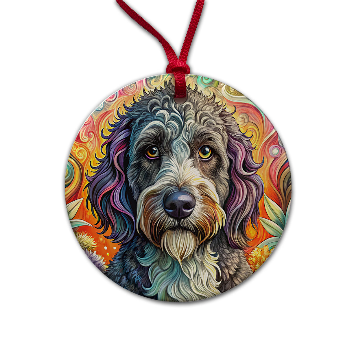 Portuguese Water Dog Bohemian Art Round Ceramic Holiday Christmas Tree Ornament