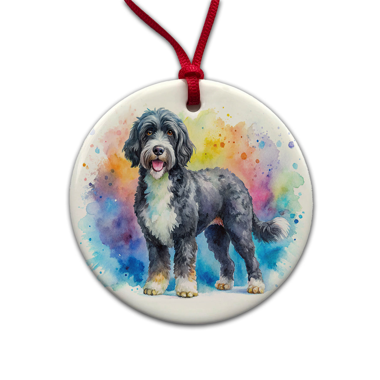 Portuguese Water Dog Watercolor Style Round Ceramic Holiday Christmas Tree Ornament