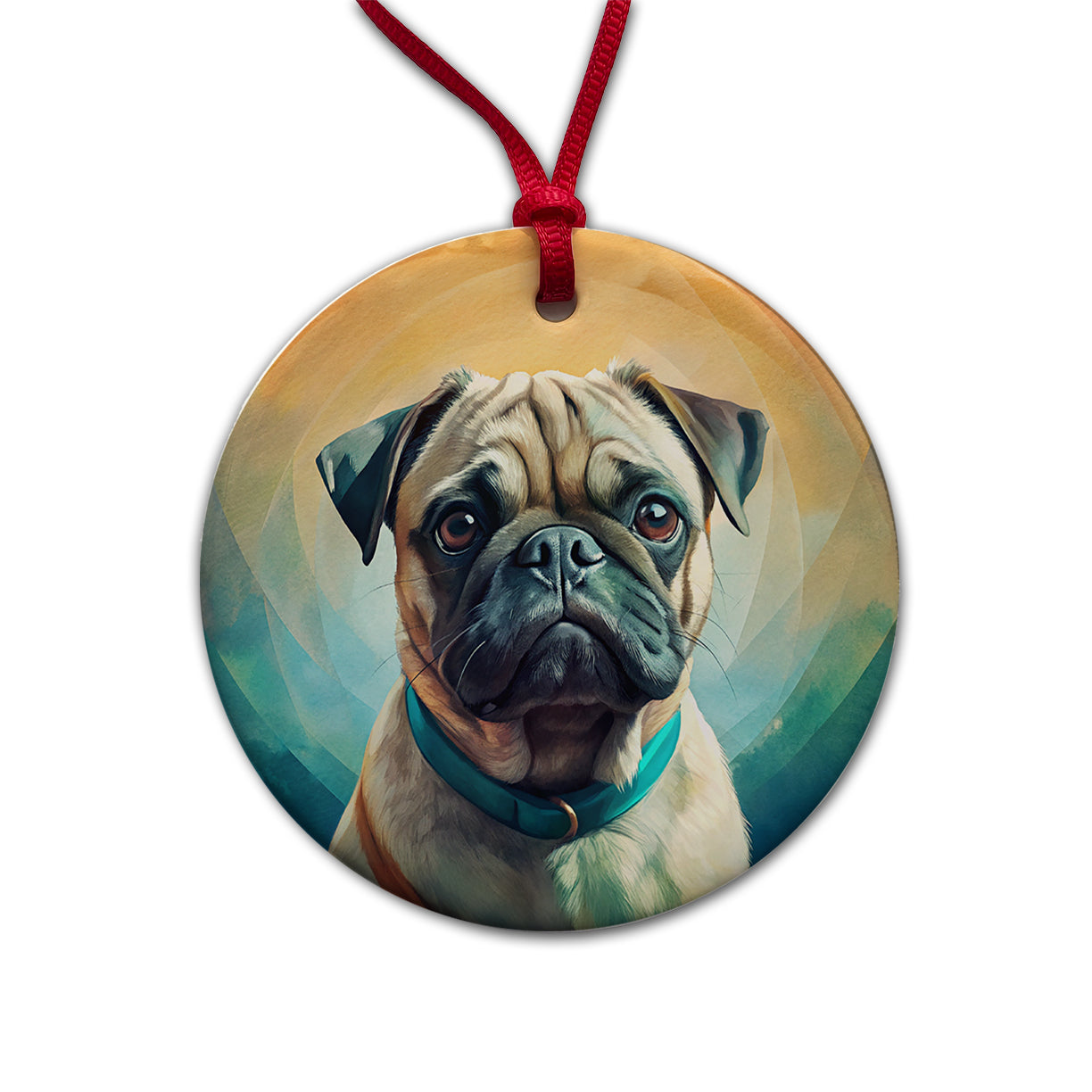 Pug Dog Contemporary Art Round Ceramic Holiday Christmas Tree Ornament