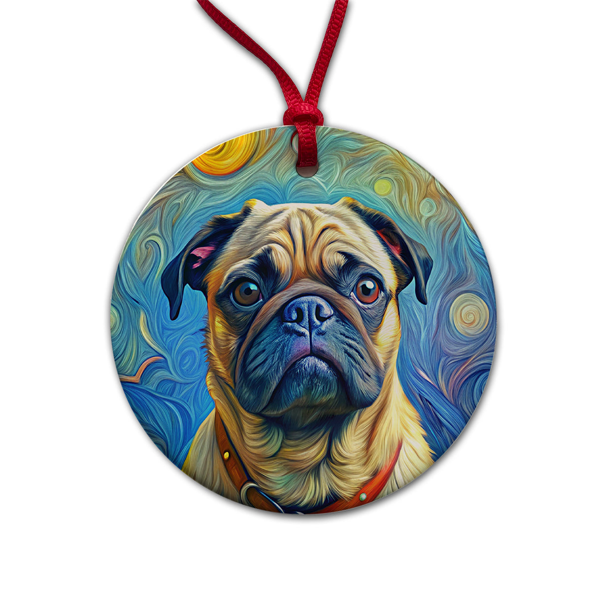 Pug Dog Expressionism Art Round Ceramic Holiday Christmas Tree Ornament
