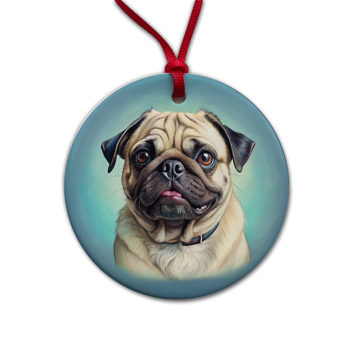 Pug Dog Illustration Round Ceramic Holiday Christmas Tree Ornament
