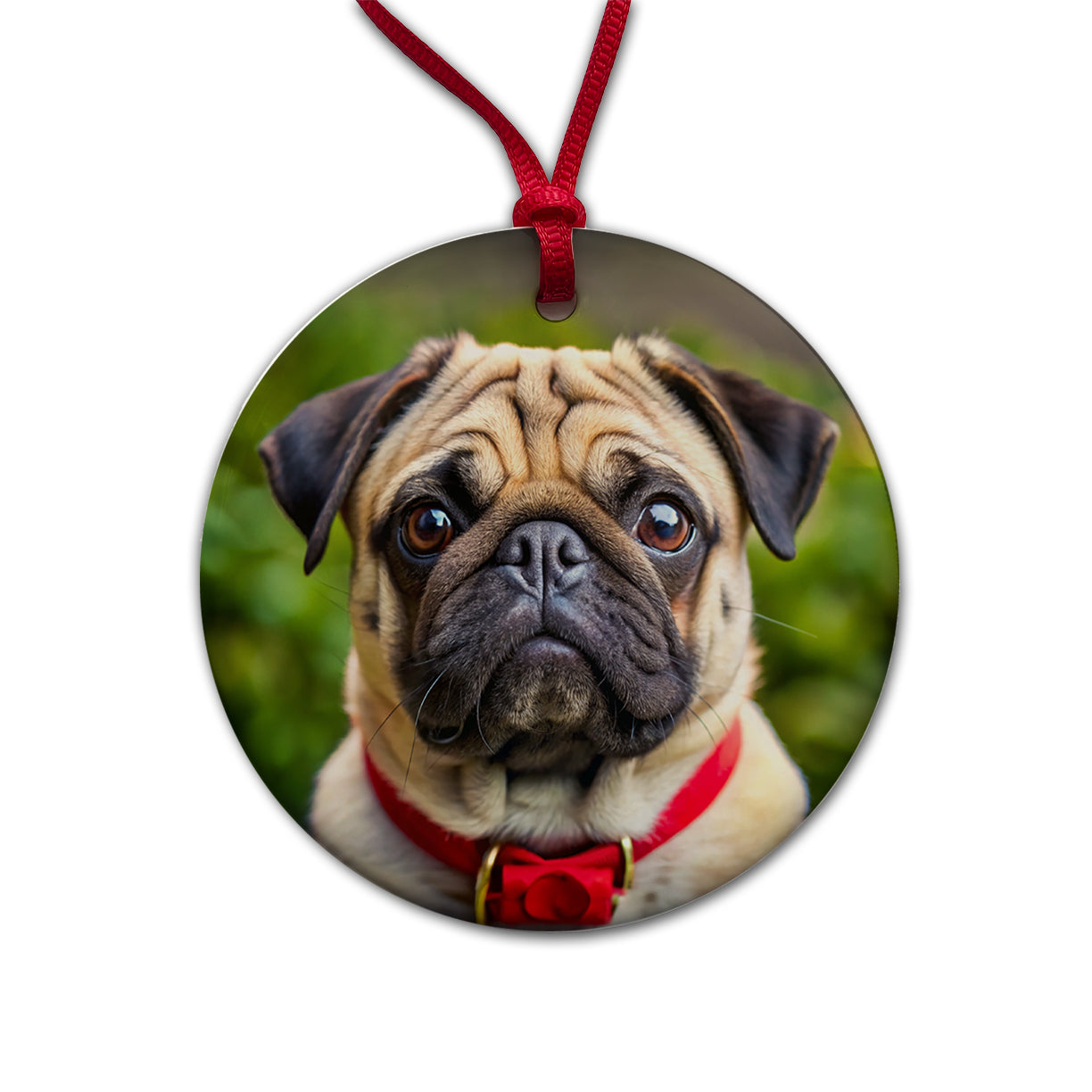 Pug Dog Photo Round Ceramic Holiday Christmas Tree Ornament