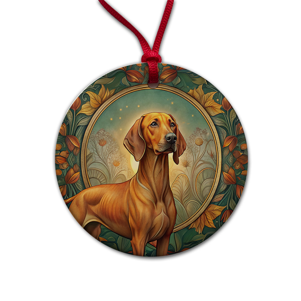 Rhodesian Ridgeback Dog Art Nouveau Round Ceramic Holiday Christmas Tree Ornament