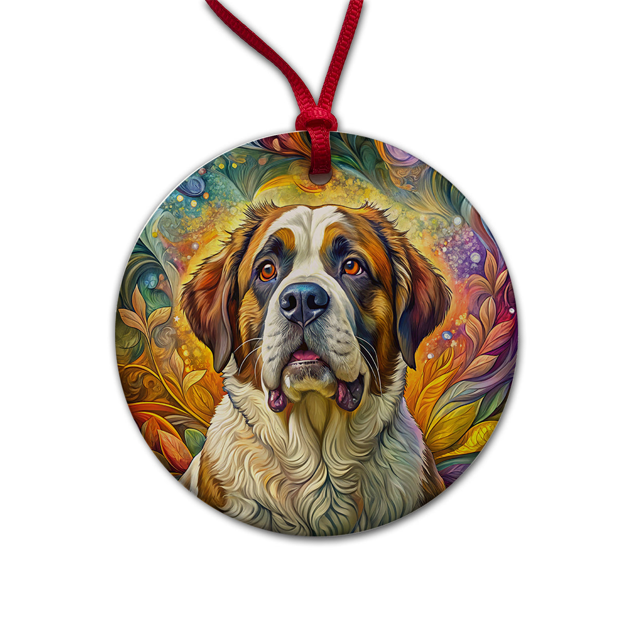 Saint Bernard Dog Bohemian Art Round Ceramic Holiday Christmas Tree Ornament