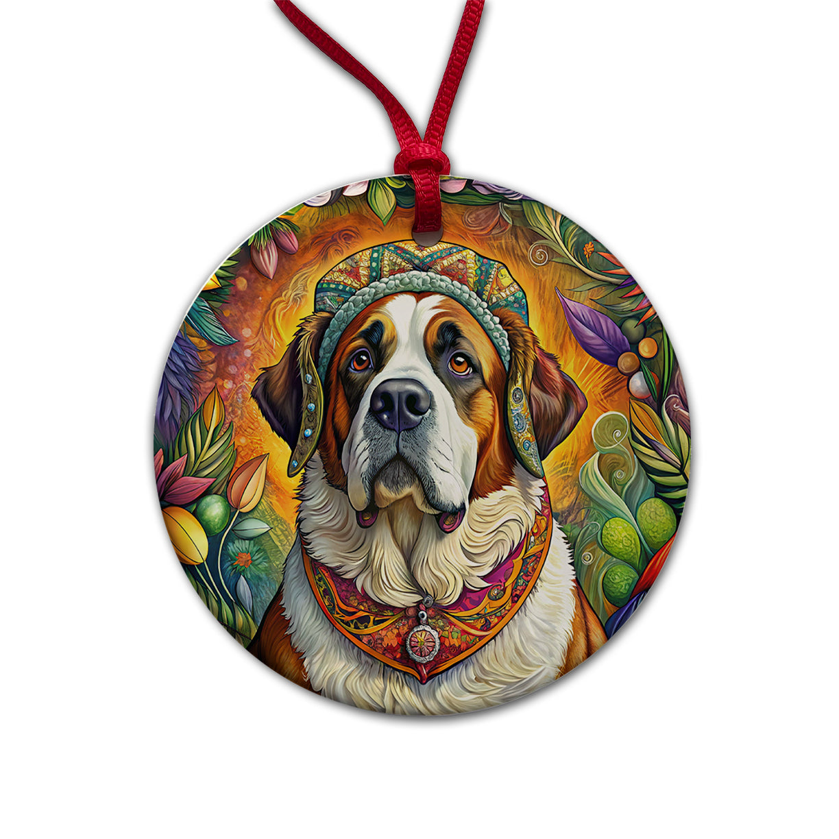 Saint Bernard Dog French Bohemian Art Round Ceramic Holiday Christmas Tree Ornament