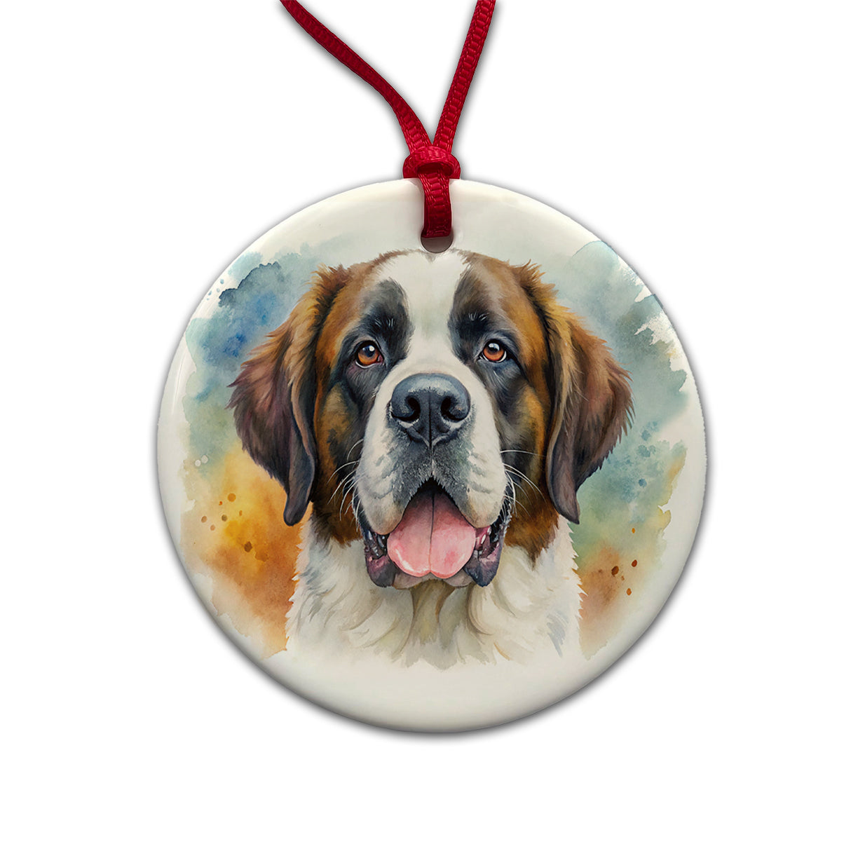 Saint Bernard Dog Watercolor Style Round Ceramic Holiday Christmas Tree Ornament