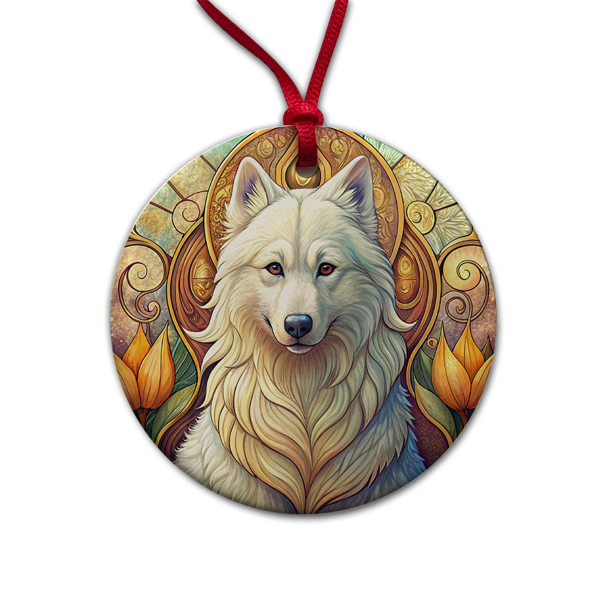 Samoyed Dog Art Nouveau Round Ceramic Holiday Christmas Tree Ornament