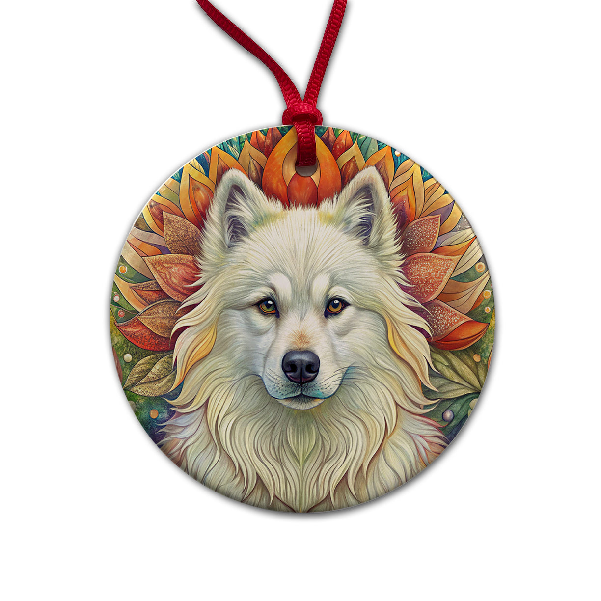 Samoyed Dog Bohemian Art Round Ceramic Holiday Christmas Tree Ornament