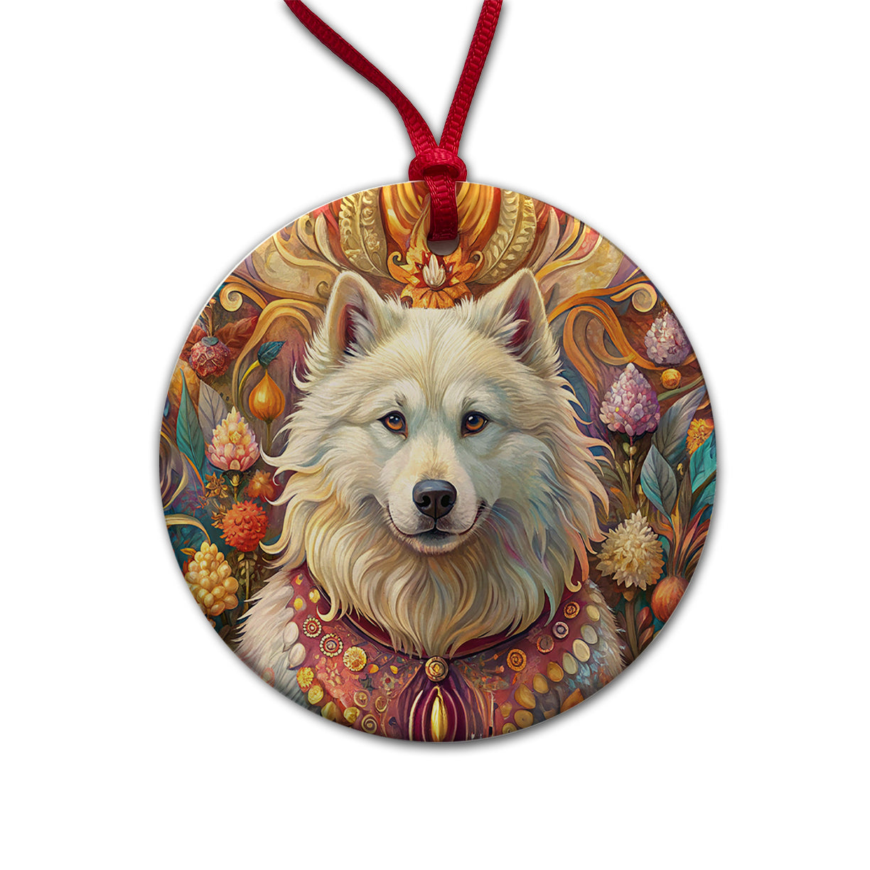 Samoyed Dog French Bohemian Art Round Ceramic Holiday Christmas Tree Ornament