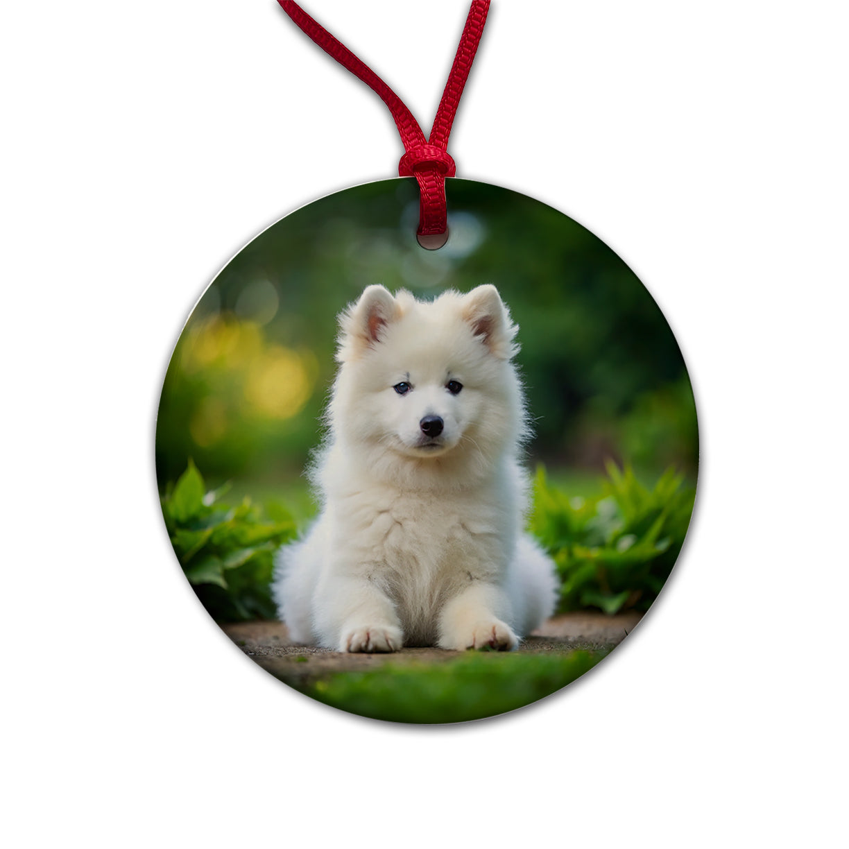 Samoyed Dog Puppy Photo Round Ceramic Holiday Christmas Tree Ornament