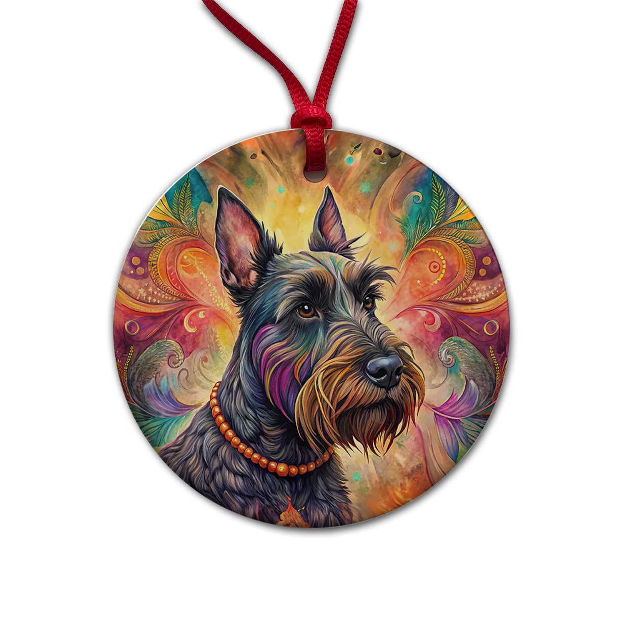 Scottish Terrier Dog Bohemian Art Round Ceramic Holiday Christmas Tree Ornament