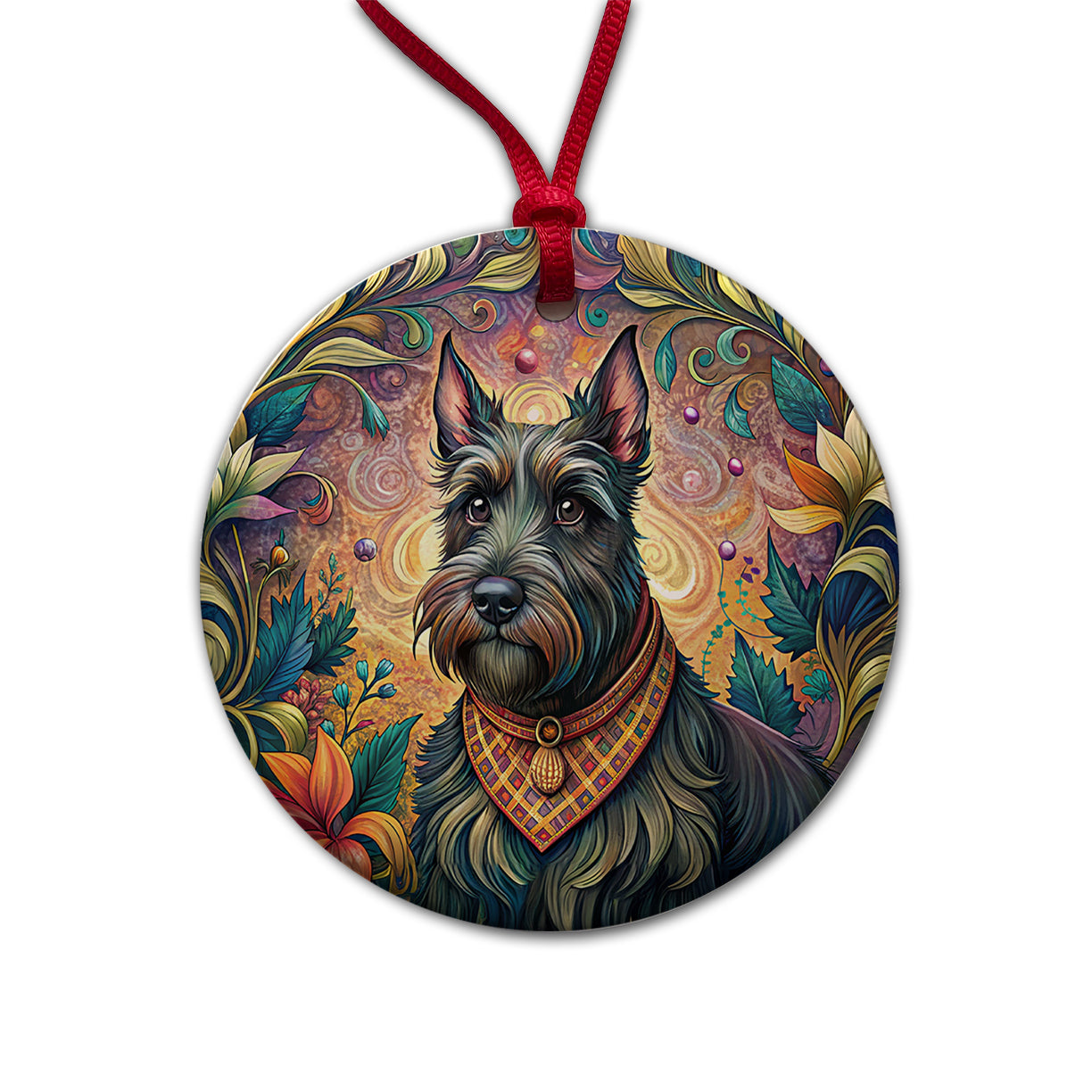 Scottish Terrier Dog French Bohemian Art Round Ceramic Holiday Christmas Tree Ornament