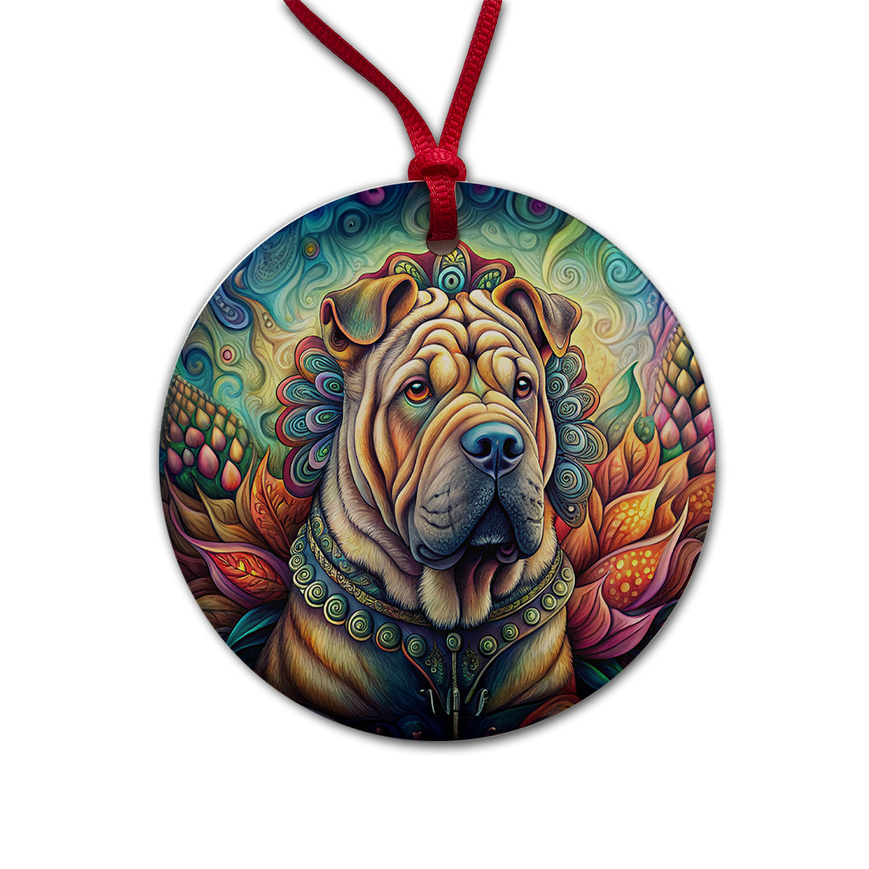 Shar Pei Dog Bohemian Art Round Ceramic Holiday Christmas Tree Ornament