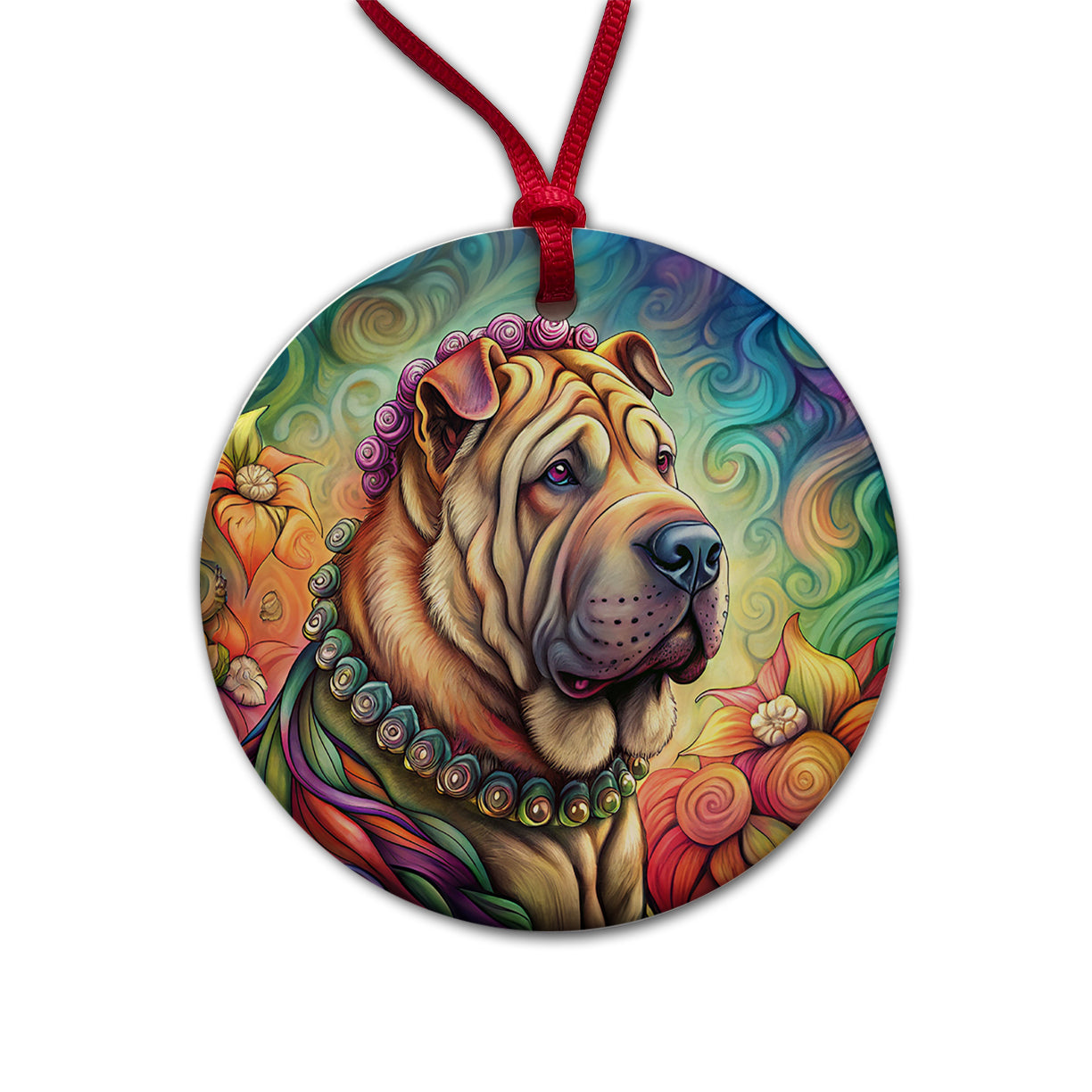 Shar Pei Dog French Bohemian Art Round Ceramic Holiday Christmas Tree Ornament