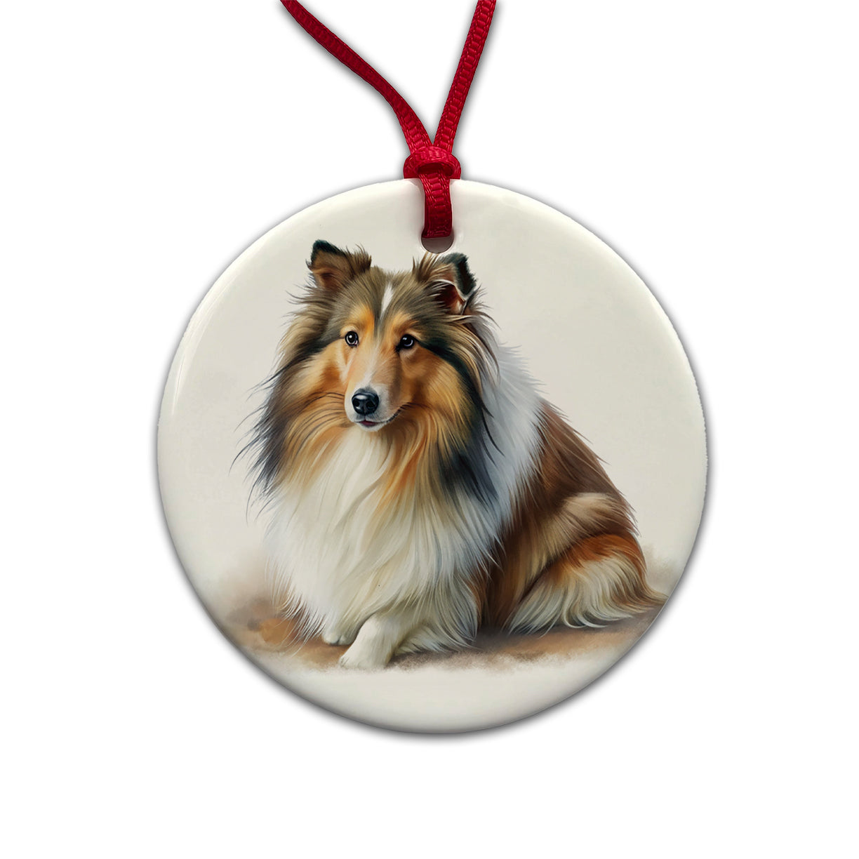 Shetland Sheepdog Sheltie Dog Illustration Round Ceramic Holiday Christmas Tree Ornament