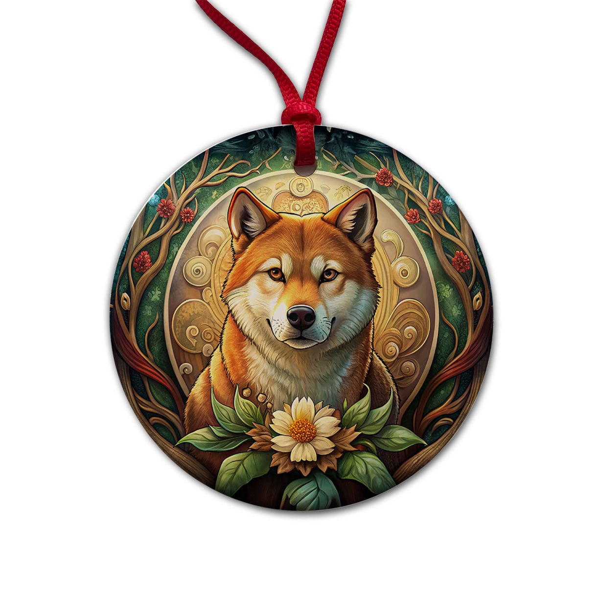 Shiba Inu Dog Art Nouveau Round Ceramic Holiday Christmas Tree Ornament
