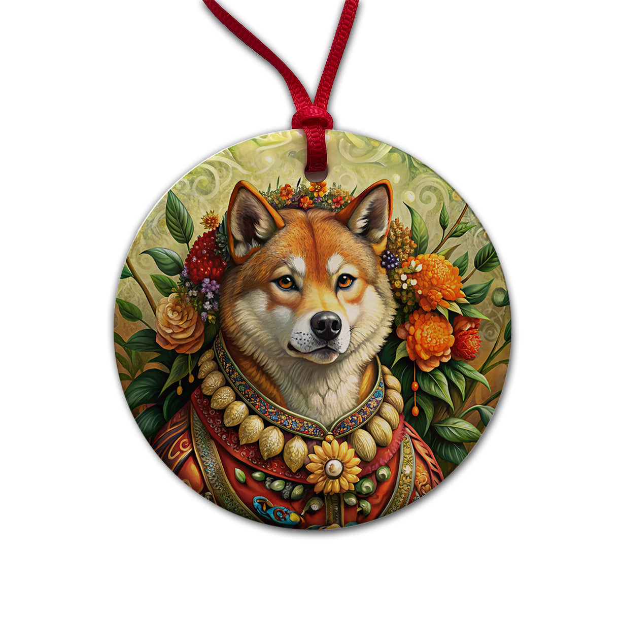 Shiba Inu Dog French Bohemian Art Round Ceramic Holiday Christmas Tree Ornament