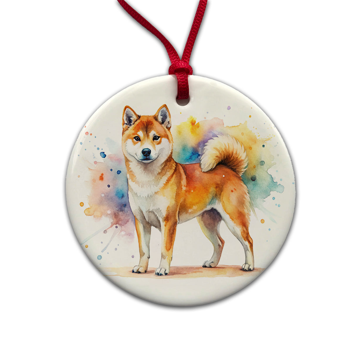 Shiba Inu Dog Watercolor Style Round Ceramic Holiday Christmas Tree Ornament