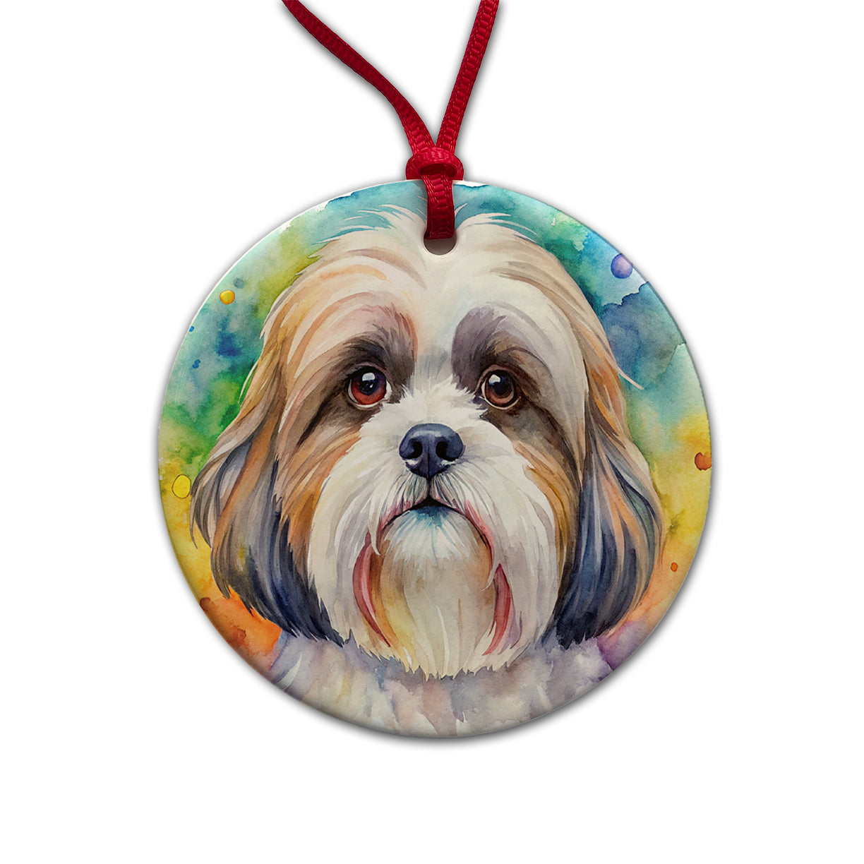 Shih Tzu Dog Watercolor Style Round Ceramic Holiday Christmas Tree Ornament