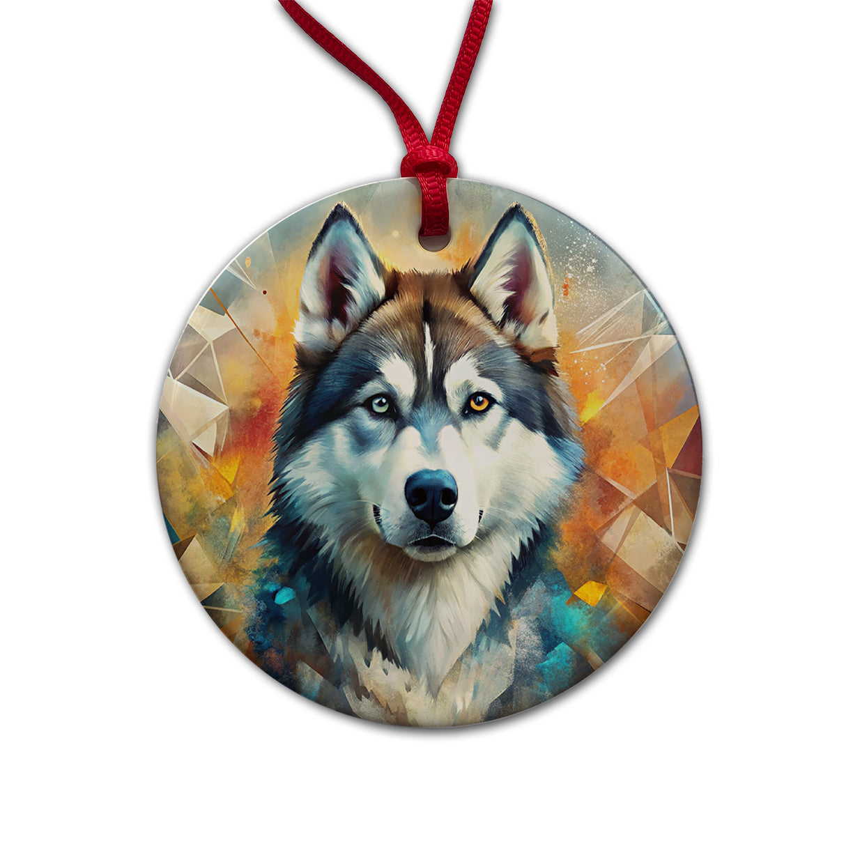Siberian Husky Dog Abstract Art Round Ceramic Holiday Christmas Tree Ornament