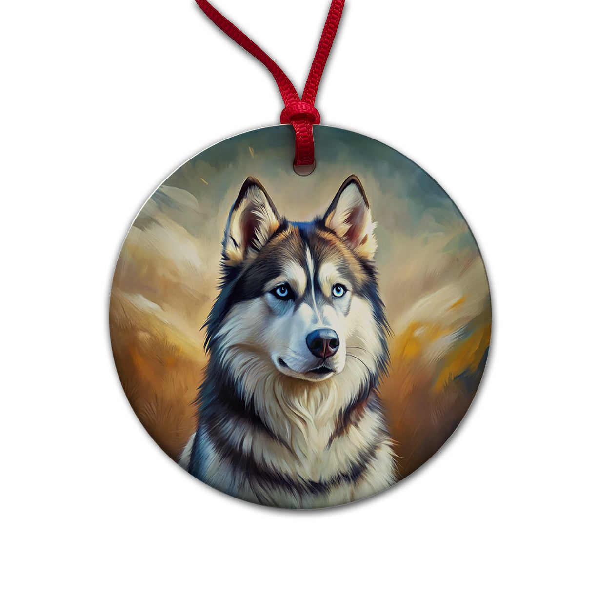 Siberian Husky Dog Expressionism Art Round Ceramic Holiday Christmas Tree Ornament