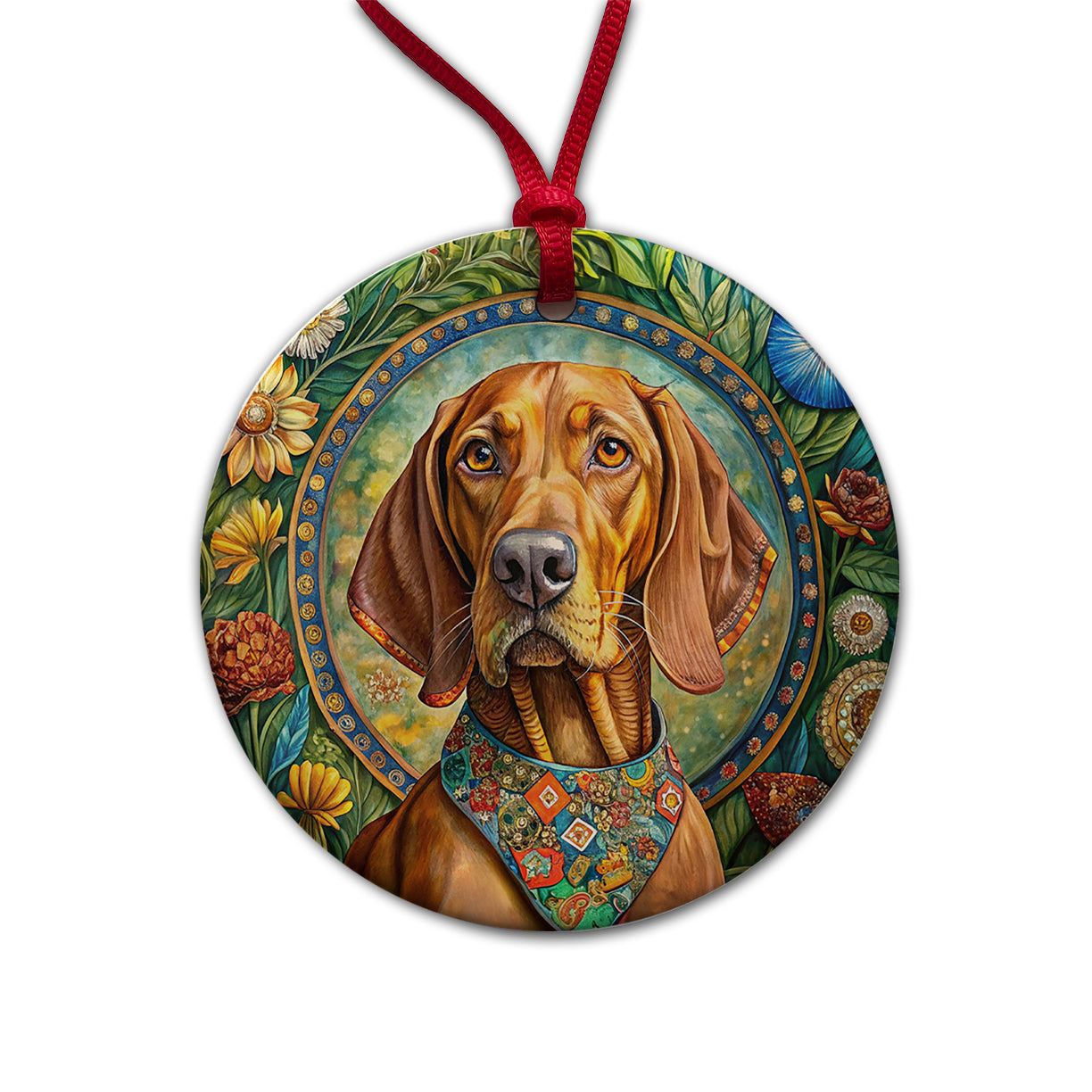 Vizsla Dog French Bohemian Art Round Ceramic Holiday Christmas Tree Ornament