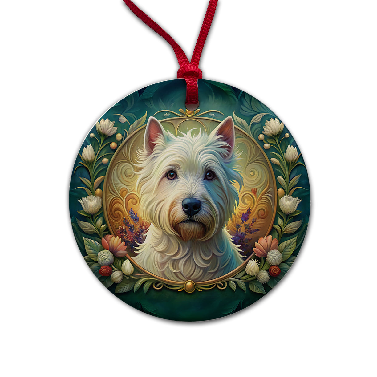 West Highland White Terrier Westie Dog Art Nouveau Round Ceramic Holiday Christmas Tree Ornament