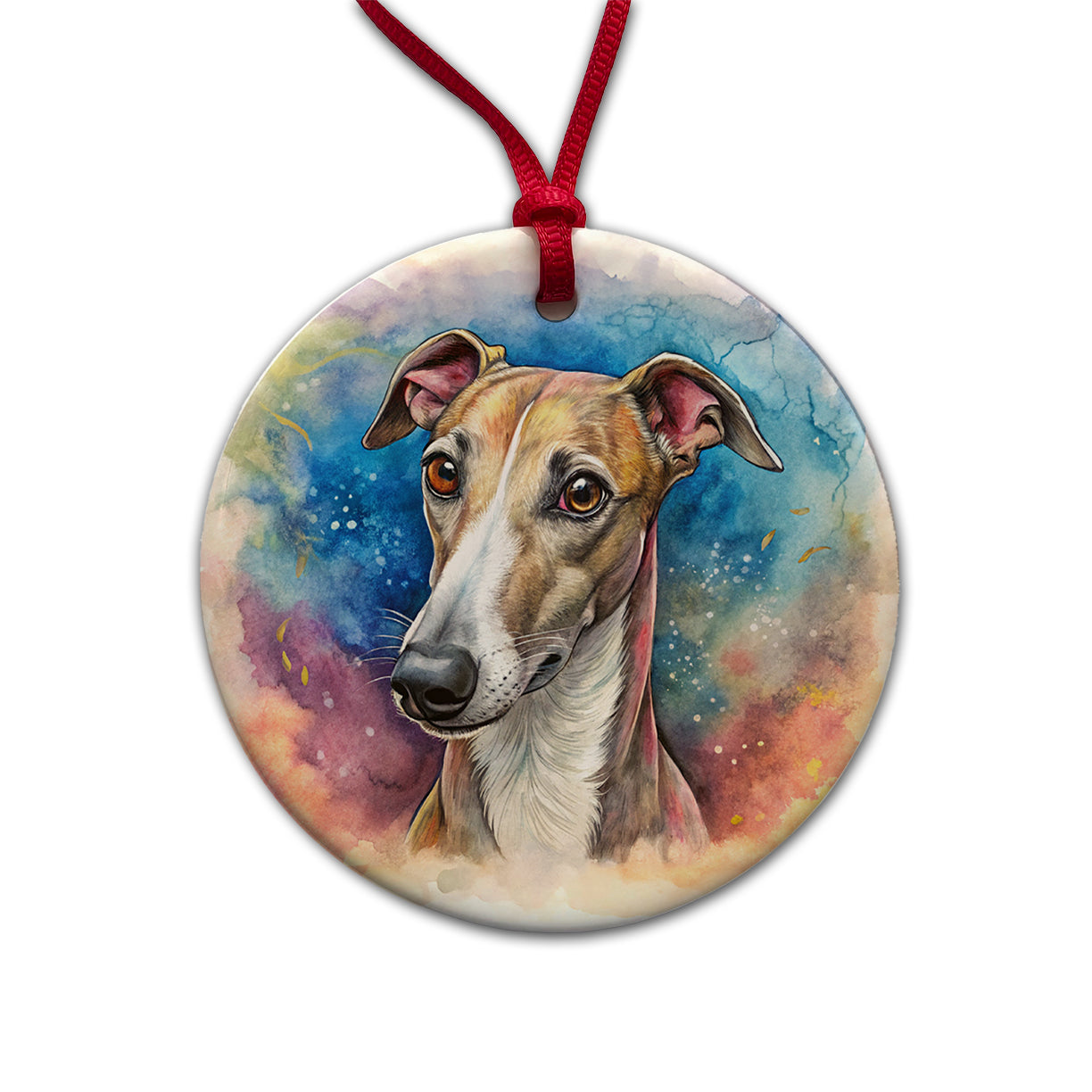 Whippet Dog Illustration Round Ceramic Holiday Christmas Tree Ornament