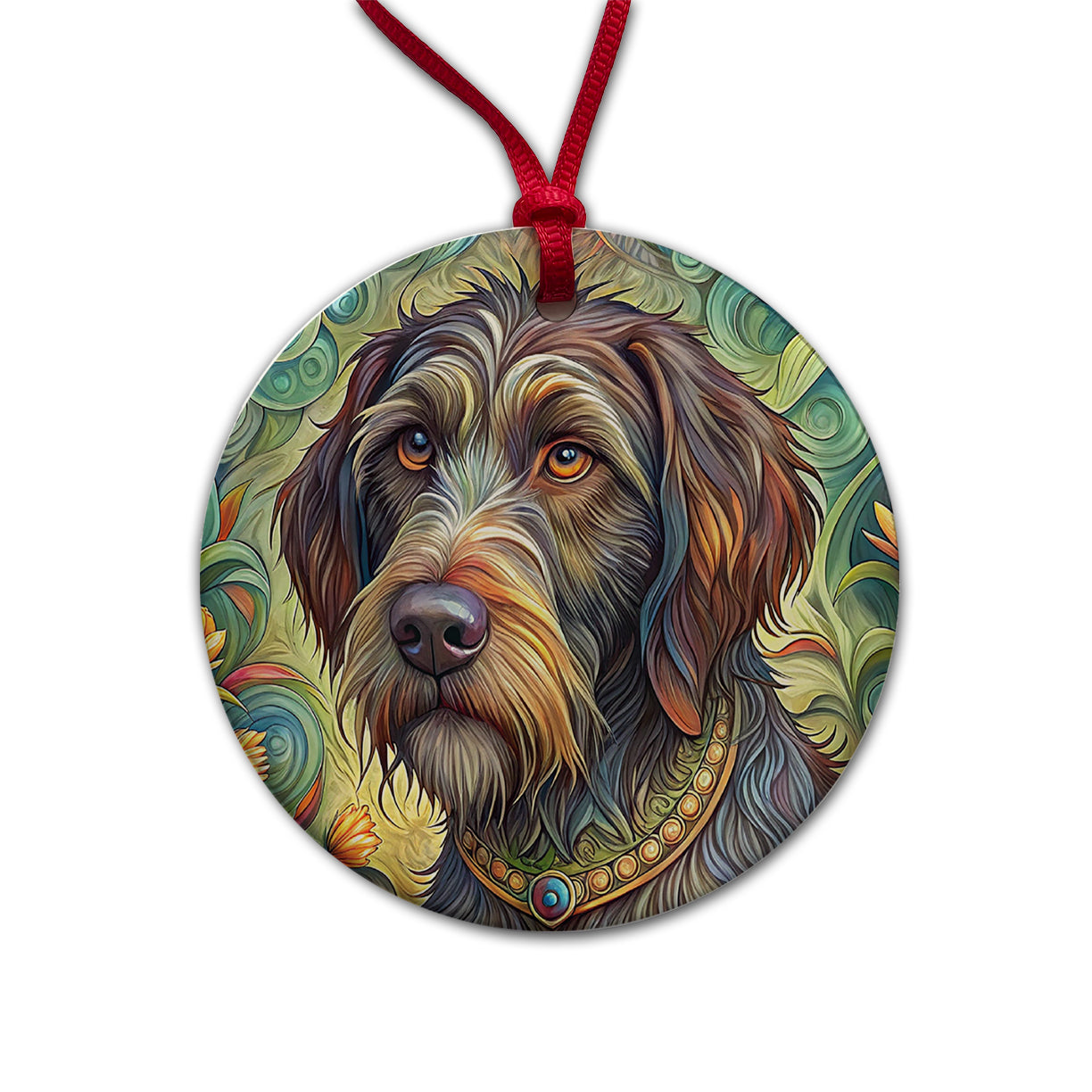 Wirehaired Pointing Griffon Dog Art Nouveau Round Ceramic Holiday Christmas Tree Ornament