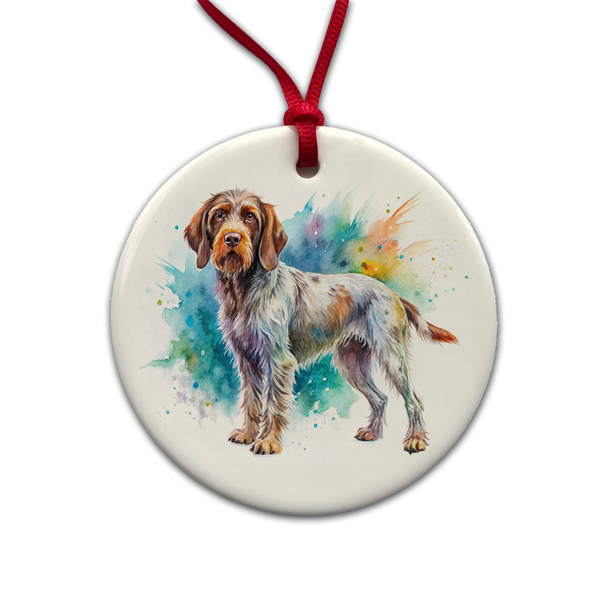 Wirehaired Pointing Griffon Dog Watercolor Style Round Ceramic Holiday Christmas Tree Ornament
