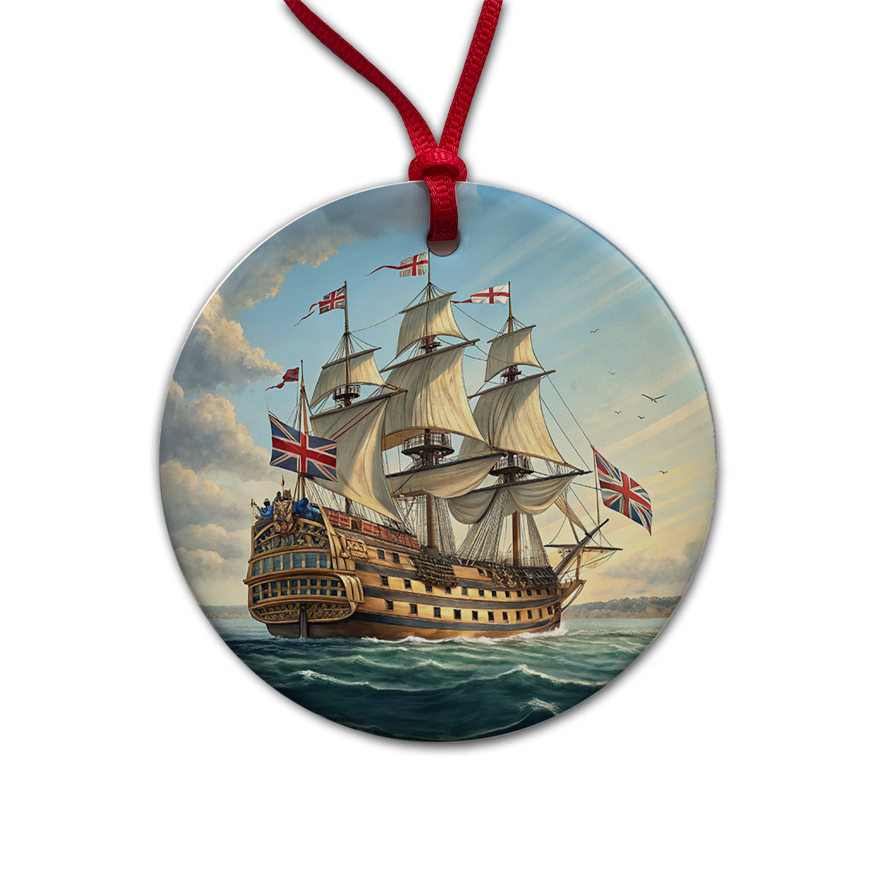 18th Century Warship British Sailing Ship Of The Line Round Ceramic Holiday Christmas Tree Ornament