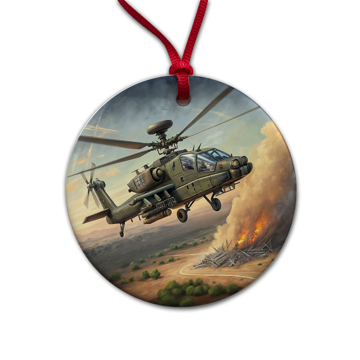 Apache AH-64 Attack Helicopter US Army Round Ceramic Holiday Christmas Tree Ornament