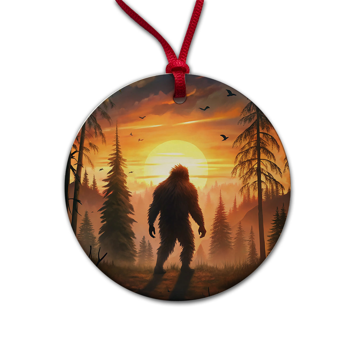 Bigfoot Walking In The Woods At Sunset Round Ceramic Holiday Christmas Tree Ornament