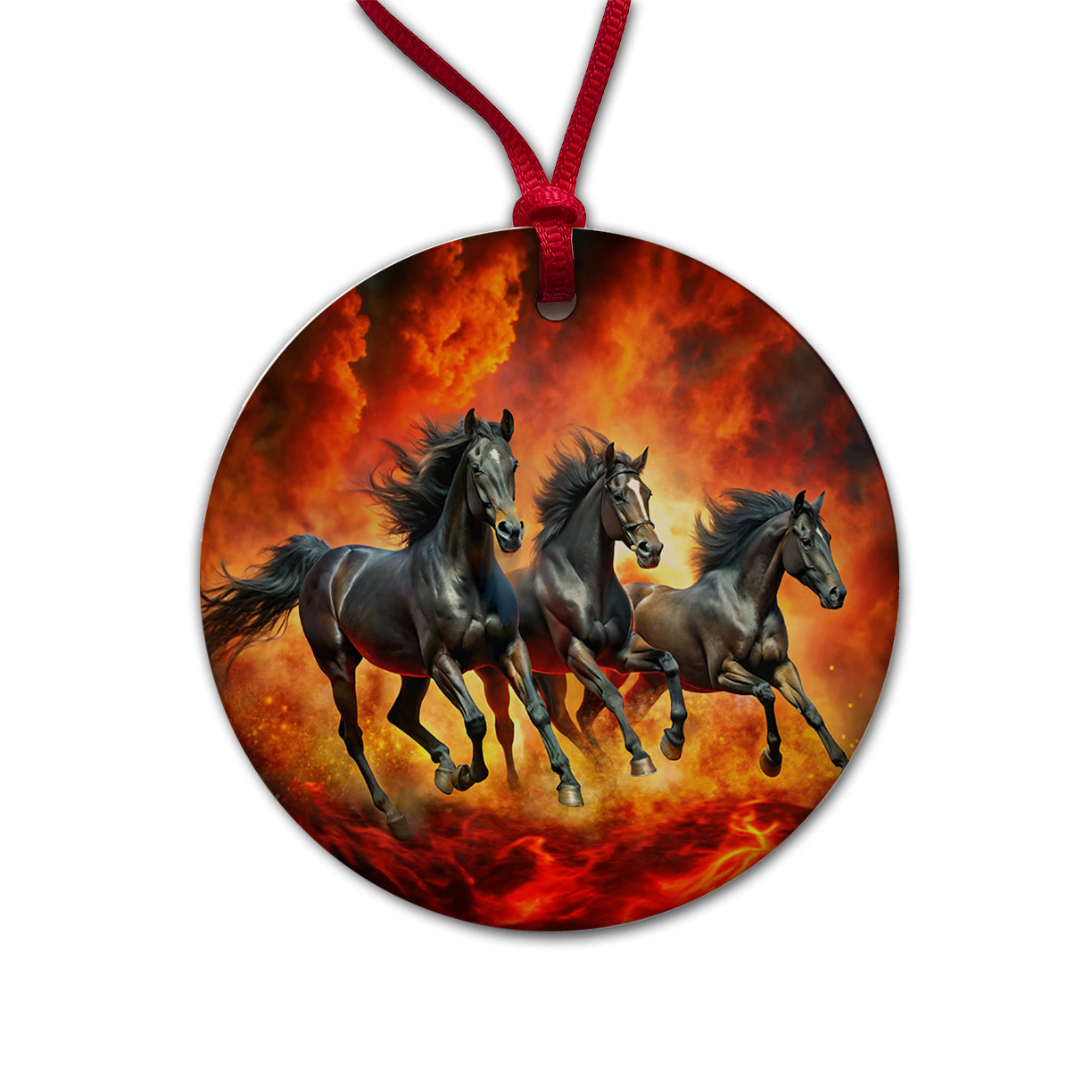 Black Horses Galloping Out of Fire Round Ceramic Holiday Christmas Tree Ornament