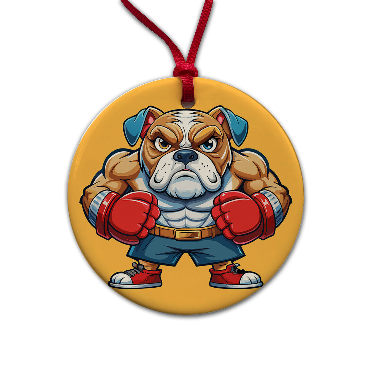 Bulldog With Boxing Gloves Cartoon Round Ceramic Holiday Christmas Tree Ornament
