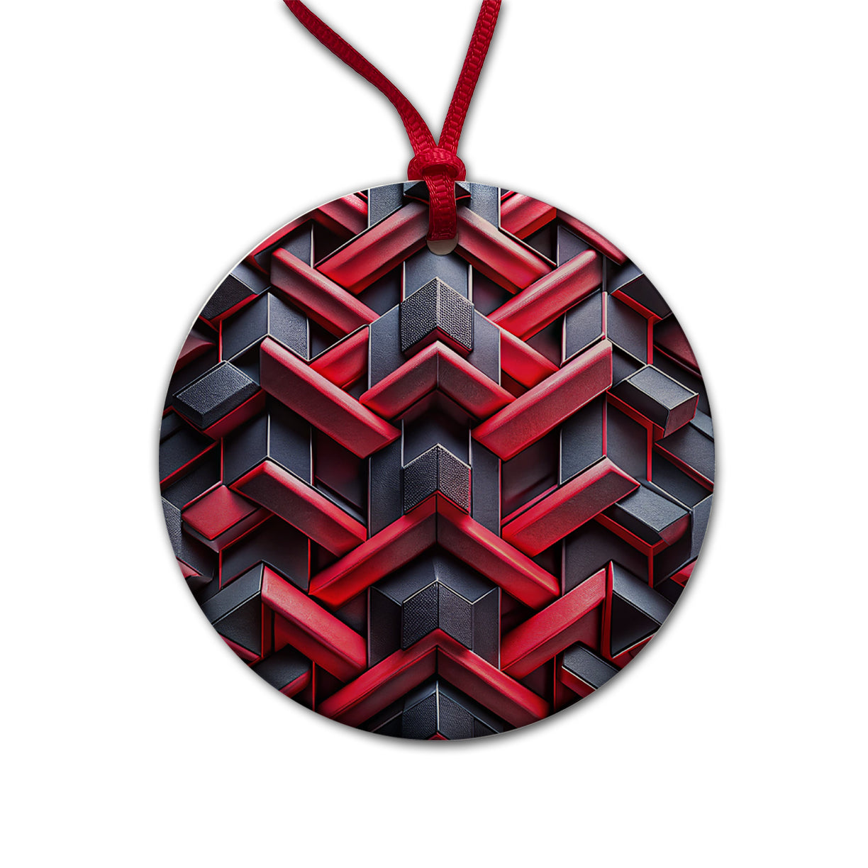 Chunky Angular Black And Red Design Pattern Round Ceramic Holiday Christmas Tree Ornament