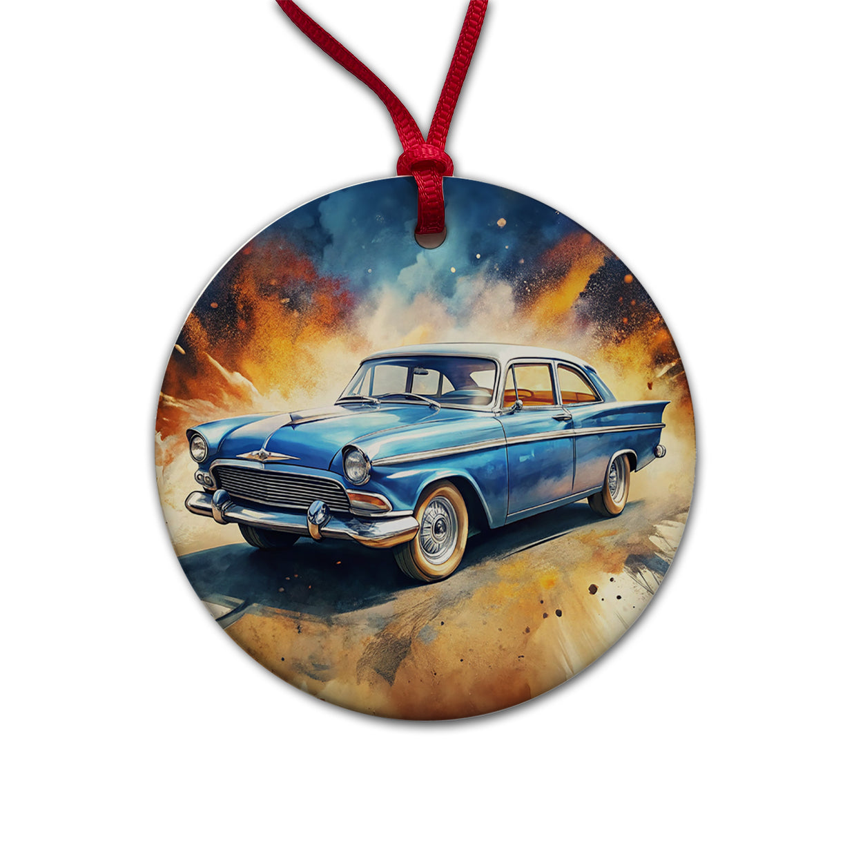 Classic Retro Car Art Round Ceramic Holiday Christmas Tree Ornament