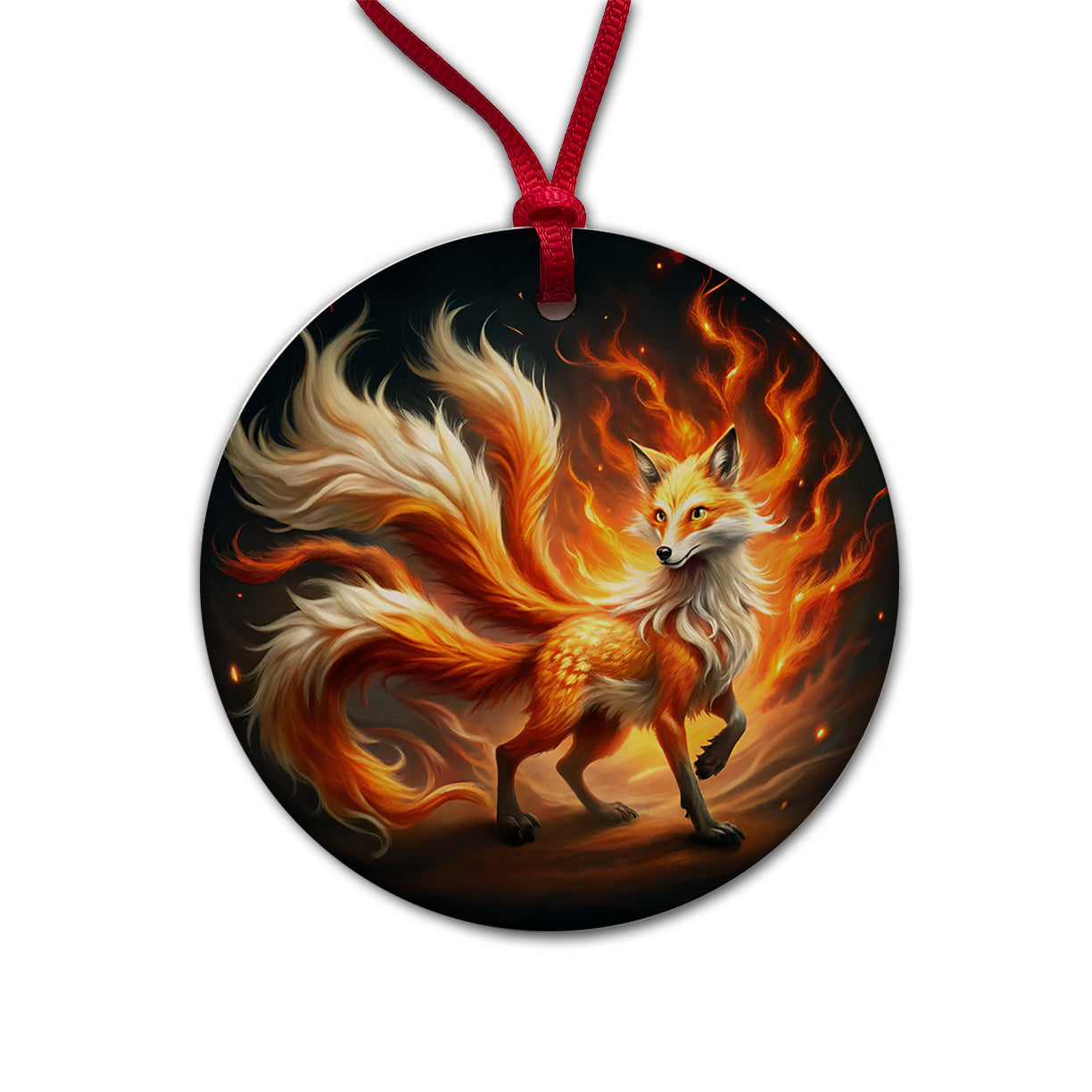 Flaming Fire Fox Kitsune Spirit Animal Round Ceramic Holiday Christmas Tree Ornament