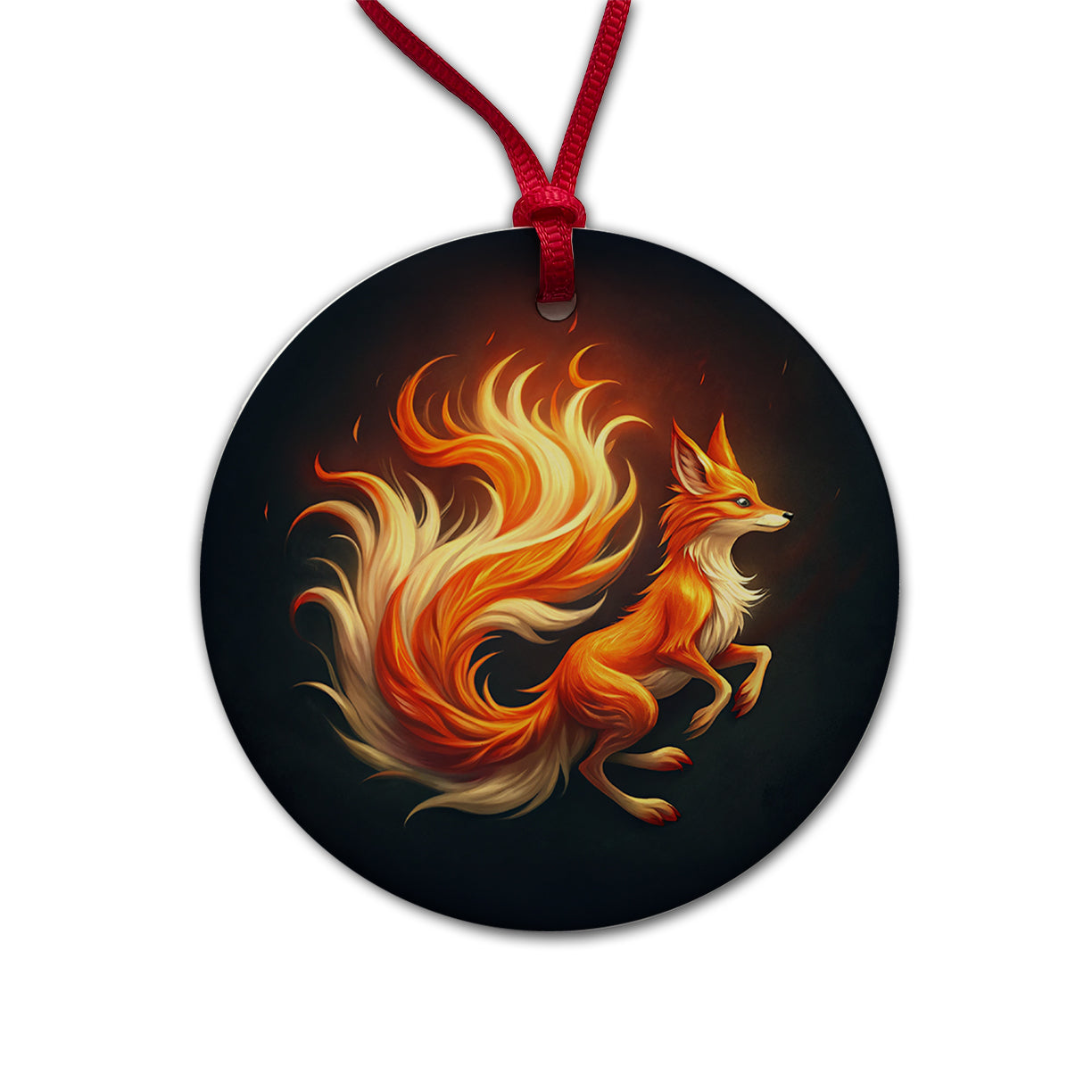 Flaming Fox Fire Kitsune Round Ceramic Holiday Christmas Tree Ornament