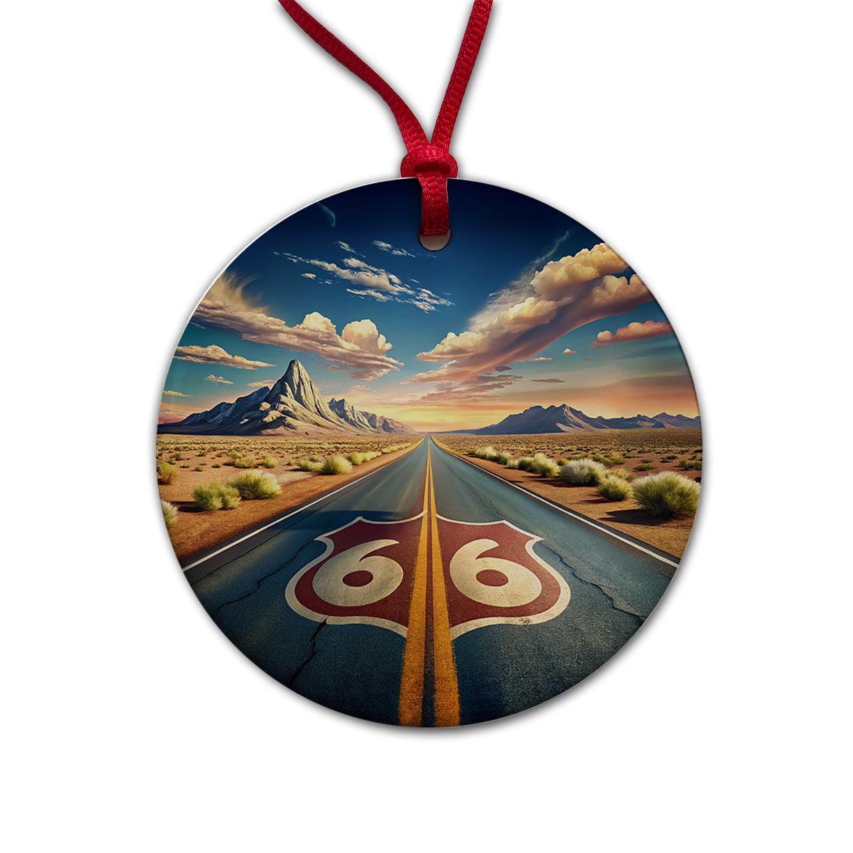 Highway Route 66 Southwest Art Round Ceramic Holiday Christmas Tree Ornament