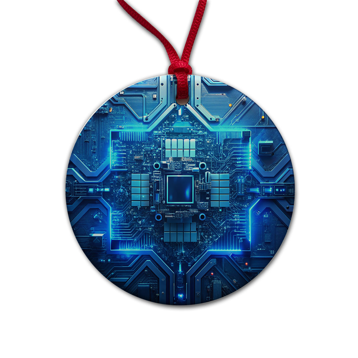 Intricate Blue Circuit Board Round Ceramic Holiday Christmas Tree Ornament