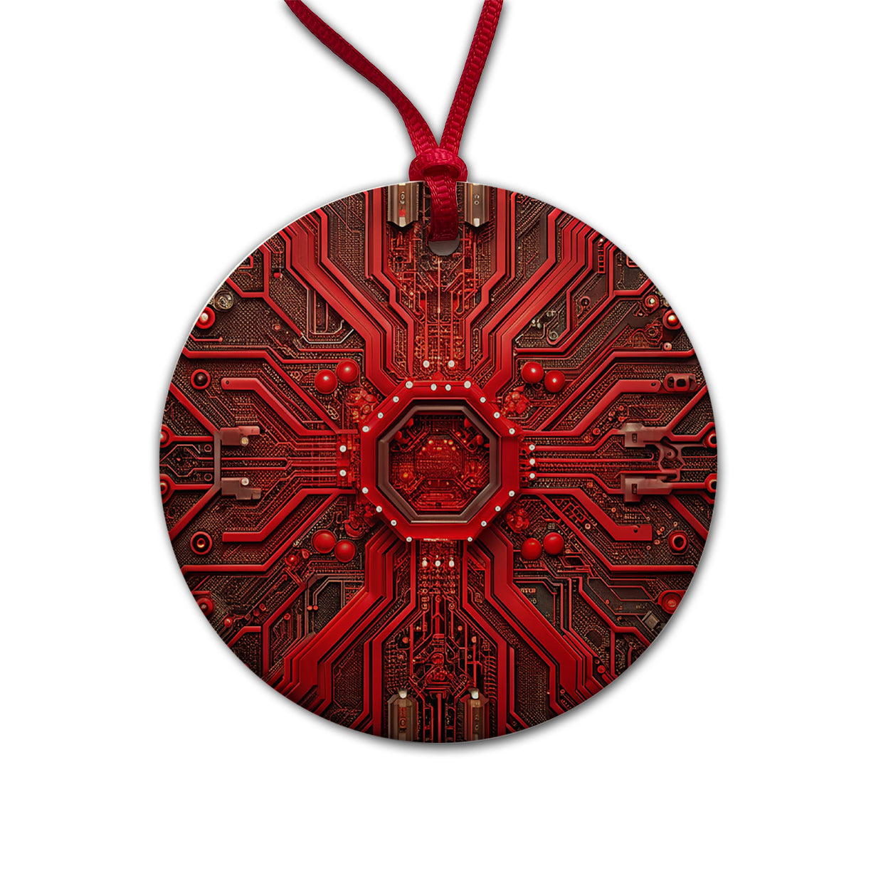 Intricate Red Circuit Board Round Ceramic Holiday Christmas Tree Ornament